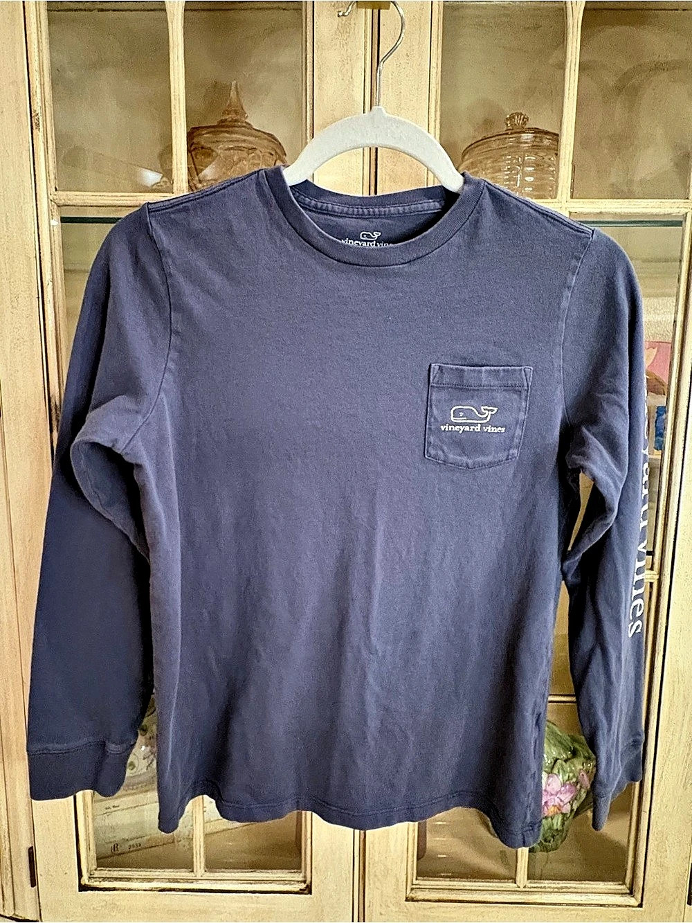 Vineyard Vines Kids 100% Cotton Long-Sleeve Vintage Whale Pocket Tee Blue Size M